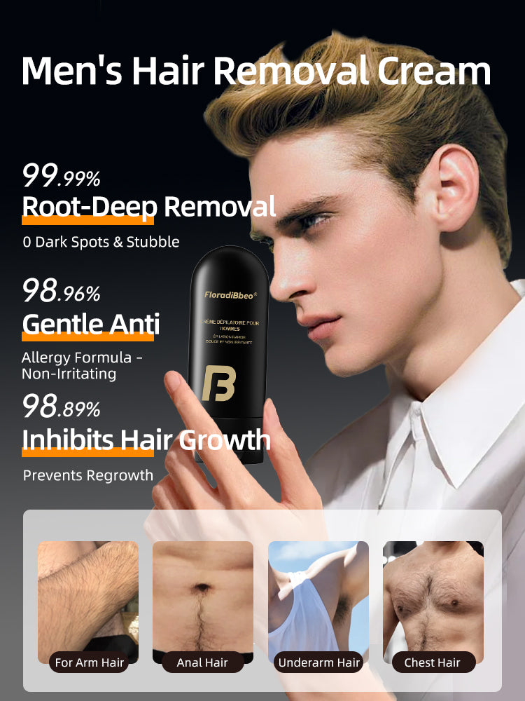 Men's hair removal cream for full-body use: facial, arm, leg, underarm, and intimate areas (not for anal use), non-permanent, root removal.