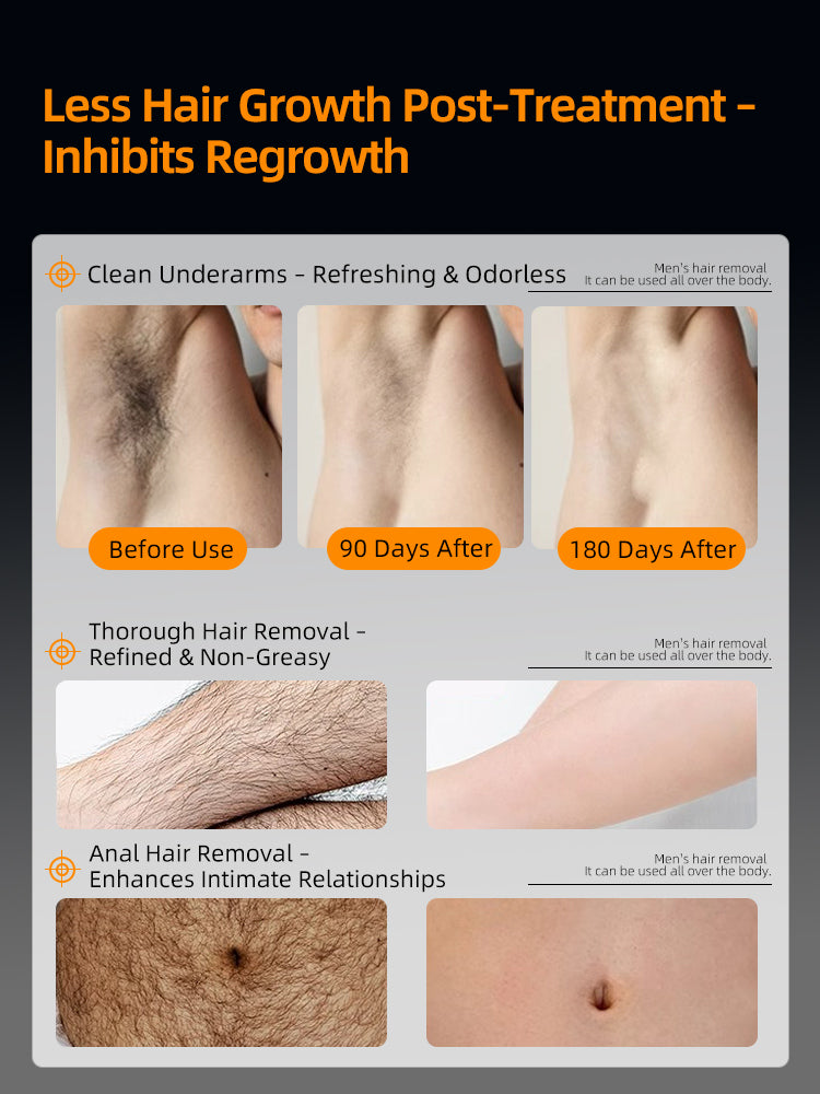 Men's hair removal cream for full-body use: facial, arm, leg, underarm, and intimate areas (not for anal use), non-permanent, root removal.